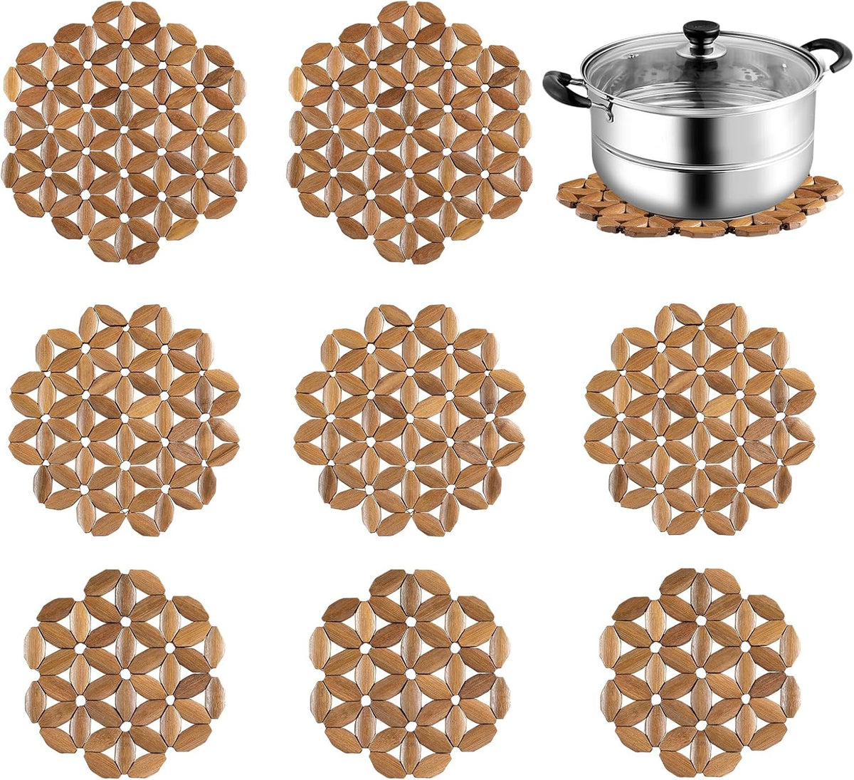 9 Pack Bamboo Trivet Mat for Hot Dishes, 6.5/8.3/10 Inch Heat Resistant Hot Pads Trivets, Hot Pad to Protect Your Table and Countertop, Hot Tea Pot Coaster for Coffee Pot