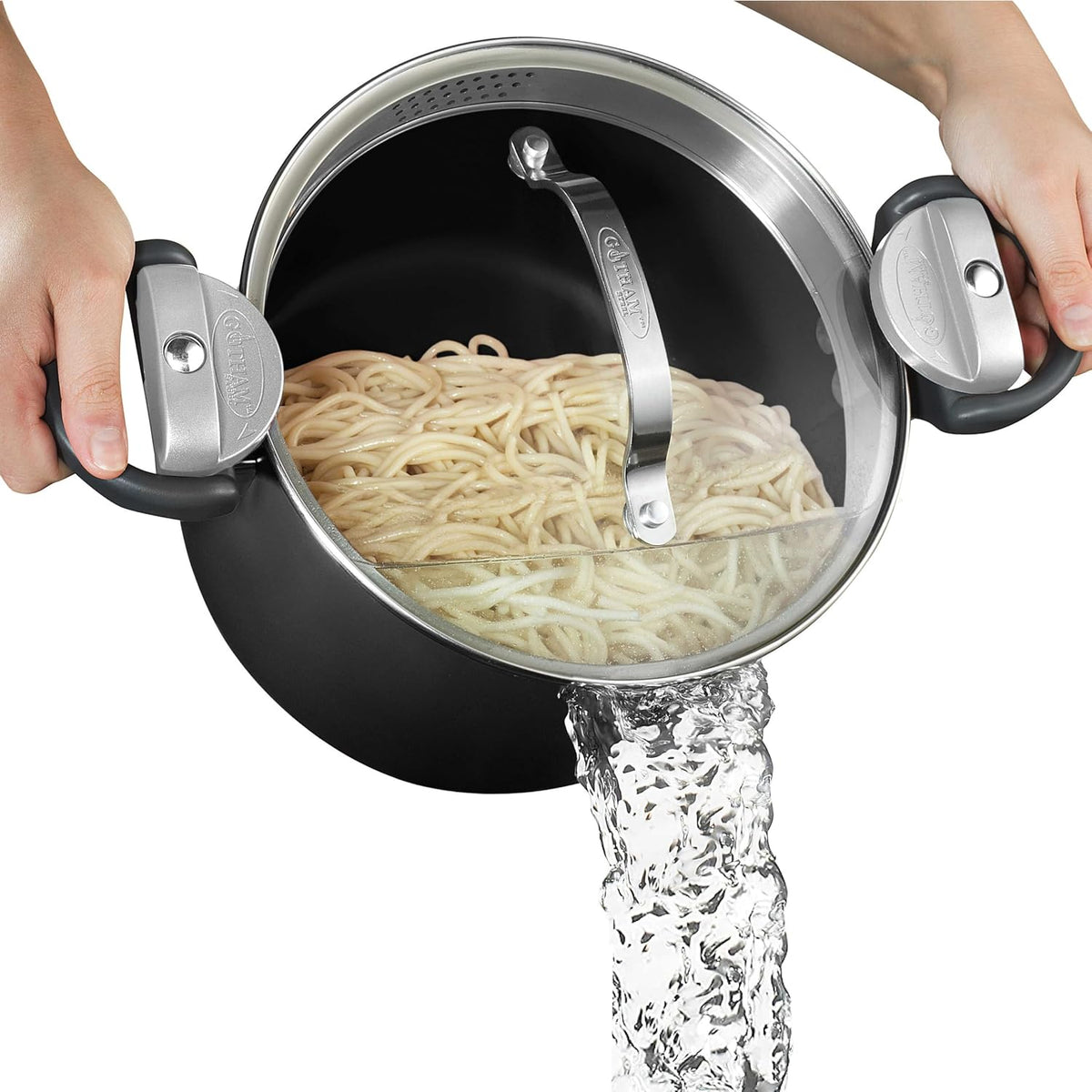 5 Qt Nonstick Pasta Pot with Strainer Lid & Twist and Lock Handles - GOTHAM STEEL Ceramic Pasta Cooker, Tempered Glass Lid, Metal Utensil Safe, PFOA Free, for Spaghetti & Soup, Dishwasher Safe, Black