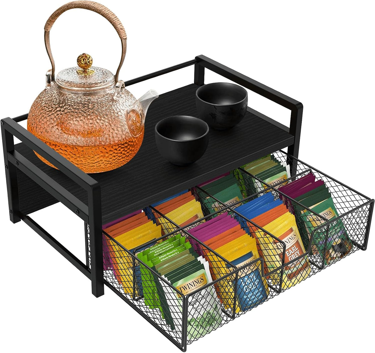 Homode Wood Tea Bag Organizer, Teabag Holder with Drawer, Tea Organizers and Storage Box, 8 Compartments Tea Caddy Station Chests Display Container for Counter Kitchen, Black