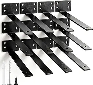10 Inch Shelf Brackets Heavy Duty, 12 Pack Black Metal L Brackets for Shelves, Floating Shelf Bracket Hardware for DIY Wood Wall Shelving, Industrial Decorative Joint Corner Brace (Matte Black)