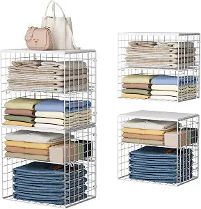 4-Tier Stackable Closet Organizers and Storage Shelves, Closet Storage Basket with Wood Tops, Adjustable Height Dividers Closet Storage Bins for Home Closet Organizer System, White (15.7"x11.8"x15.7")