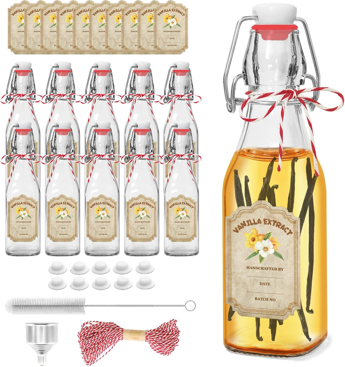 8oz Swing Top Glass Bottles for Vanilla Extract - 10 Pack Airtight Square Clear Jars with Leak-Proof Lids, DIY Kit with Stickers & Funnel