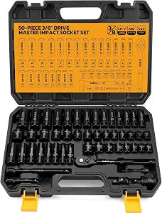 ELEAD 3/8" Drive Impact Socket Set - 50-Piece SAE (5/16" to 3/4") & Metric (8-22mm), 6-Point CR-V Steel Deep & Shallow Sockets with Ratchet Handle, Universal Joint, Extension Bar, Adapter