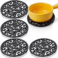 4 Pcs Cast Iron Trivet, 4.6 Inch Round Metal Trivet with Vintage Patterns Rustproof Hot Pot Holder Pads for Serving Hot Dishes, Pans, Pots, Tea Pots, for Kitchen Counter Top, Black