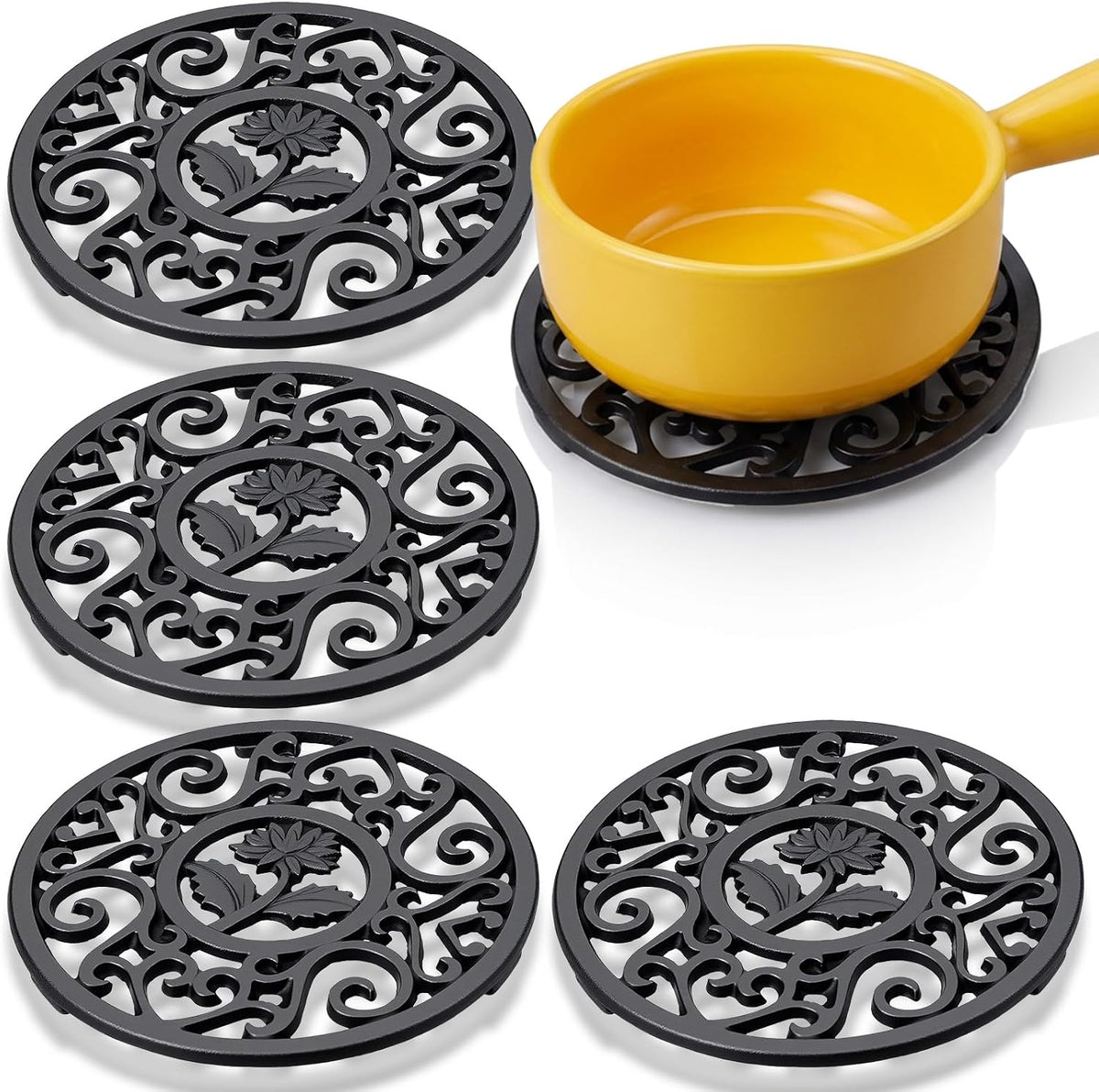 4 Pcs Cast Iron Trivet, 4.6 Inch Round Metal Trivet with Vintage Patterns Rustproof Hot Pot Holder Pads for Serving Hot Dishes, Pans, Pots, Tea Pots, for Kitchen Counter Top, Black