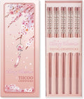 Chopsticks Reusable 18/8 Stainless Steel Chopsticks Pink Sakura Laser Engraved Metal Chop sticks Non-Slip Dishwasher Safe Japanese Korean Chopstick for Cooking Eating 5 Pairs Premium Gift Set