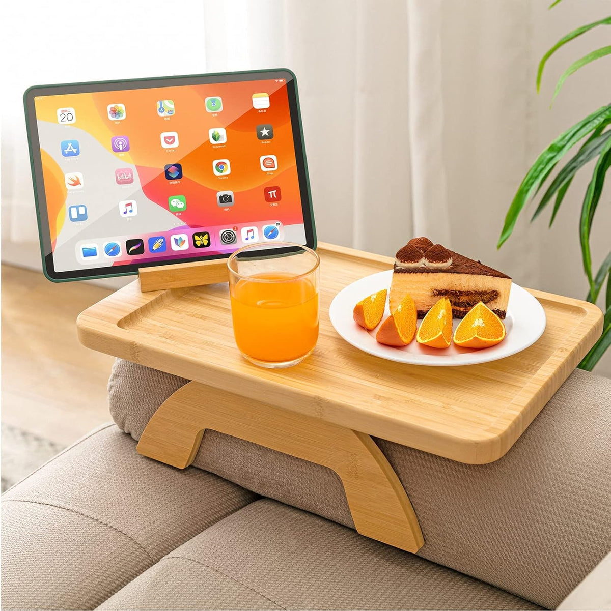 SINWANT Couch Arm Tray,Bamboo Sofa Clip on Side Table,Foldable Couch Armrest Table with 360 Phone Holder,Food Trays for Eating/Drinks/Snacks/Remote