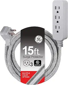 GE Pro 3 Outlet Surge Protector Power Strip, 15 Ft Designer Braided Extension Cord, Flat Plug, Wall Mount, Heather Gray, 45915