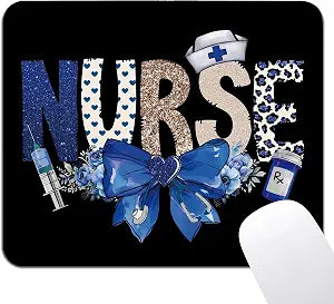 Black Nurse Mouse Pad - Blue Bow Floral Nurse Square Mousepad for Computer Laptop Desk Accessories, Non-Slip Rubber Base with Stitched Edge, Nurse Appreciation Gifts, 7.9x9.5