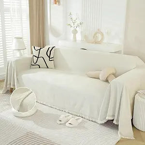 DREAMINGO Modern Minimalism Couch Cover for 3 Cushion Couch Sofa Cream White 3 Seat Sectional Sofa Covers Chenille Couch Cover for Dogs Boho Herringbone Furniture Sofa Slipcover, 71"x134"