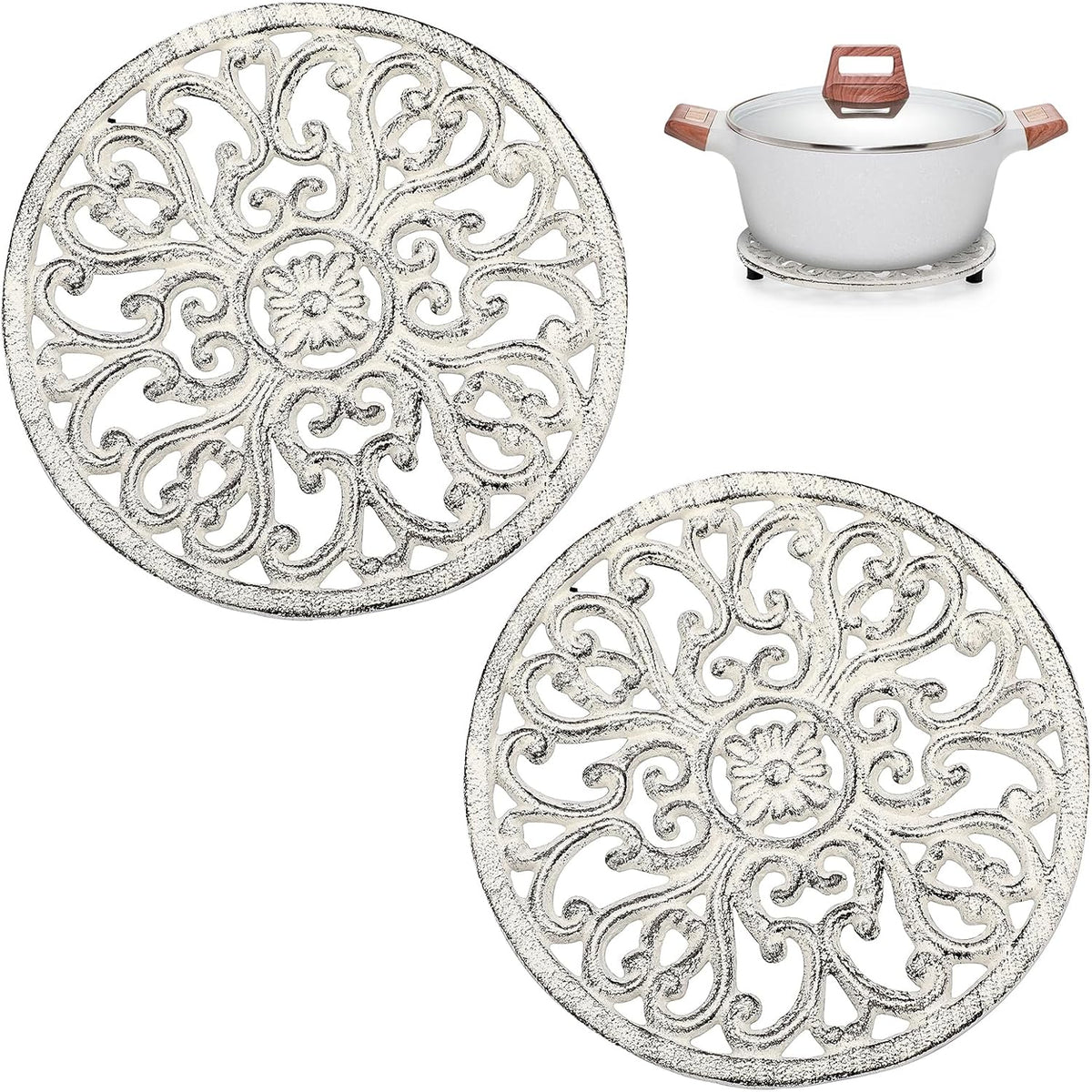 Sumnacon 2Pcs Round Cast Iron Trivets - 6.7 Inch Heat Resistant Iron Trivets for Hot Dish Pot Pan Plate Teapot, Rustic Cast Iron Hot Dish Plate Holder for Kitchen Dining Table Countertop Cooktop,White