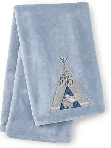 Levtex Baby - Trail Mix Plush Blanket - Appliqued and Embroidered Racoon on Blue Plush - Blue, Black, Grey - Nursery Accessories - Blanket Size: 30 x 40 in.