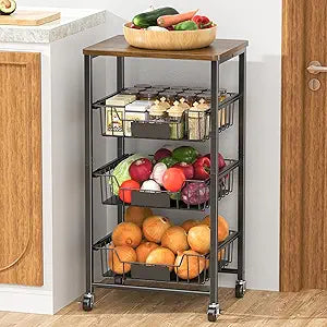 XYZLVSI 4 Tier Rolling Kitchen Cart Fruit Vegetable Storage Basket Rack