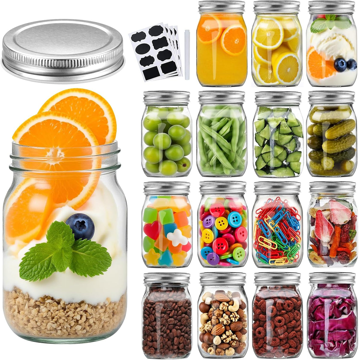 Accguan 16Pack 16oz Glass Mason Jars with Regular Airtight Lids