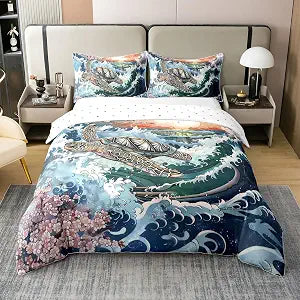 Sea Turtle Kids Duvet Cover 100% Cotton Queen Size,Japanese Ukiyo-e Cherry Blossom Bedding Set for Boys Girls,Ocean Waves Marine Animal Blue Green Comforter Cover,2 Pillowcases(No Filler)