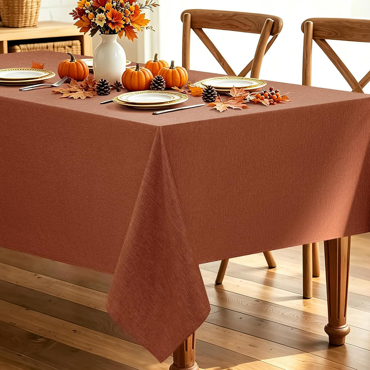 Decorelia Linen Textured Fall Tablecloth Rectangular Burnt Orange, 52"x70"