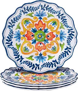 Flores Melamine Dinner Plates, Set of 4  Colorful Outdoor Dinnerware, Break-Resistant & Dishwasher Safe, Great for Patio, RV, and Everyday Dining