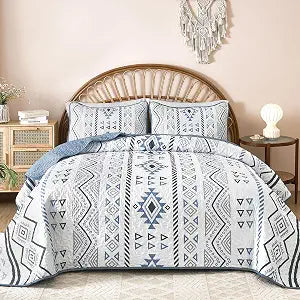 Drucon Boho King Size Aztec Quilt Set 3 Pieces Blue Ultra Soft Lightweight Quilt Beddding Set, Microfiber Bohemian Bedspread Coverlet Set with 2 Pillowcases for All Season (King, 104"x90")