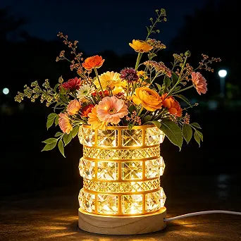 LED Crystal Night Light Wood Base Makeup Brush Holder Decor Vase