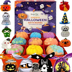 Bath Bombs for Kids with Surprise Toys Inside - Set of 9 Organic Halloween Bath Bombs, Gentle and Safe - Fizzy Balls with Rainbow Bubbles, Halloween Gifts for Kids