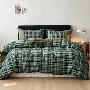 Simple&Opulence 100% Cotton Buffalo Check Plaid Printed Duvet Cover Set, 3 Pieces Bedding Set Including 1 Comforter Cover and 2 Pillow Shams, Soft and Comfortable (King,Dark Green)