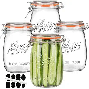 Anwoi 32OZ Wide Mouth Glass Storage Jars with Airtight Hinged Lids, 4 Pack