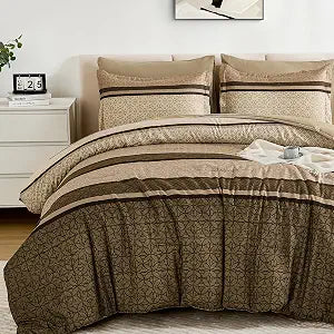WONGS BEDDING 7 Pieces Comforter Set Queen Size, Brown Striped Fall Winter Bed in a Bag Comforter and Sheet Set, Minimalist Geometric Soft Lightweight Micorfiber Bedding Set for All Season (90"��90")
