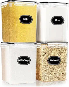 HKJ Chef 4 Pack Large Airtight Food Storage Containers with Lids (5.2L / 176oz), BPA Free Plastic Kitchen and Pantry Organization Contianers for Cereal Flour and Sugar Storage, Labels & Marker