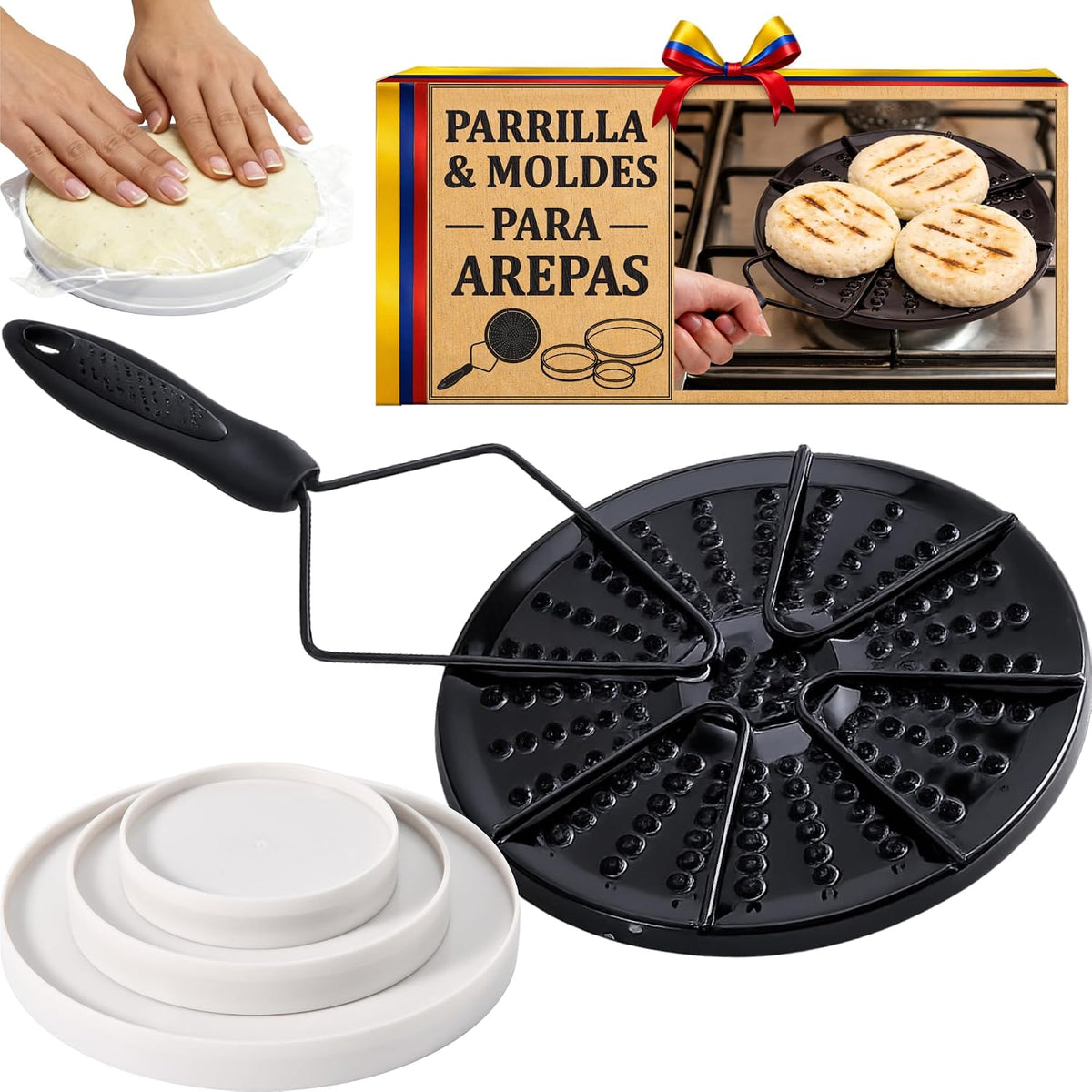 Set De Parrilla Para Arepas Colombianas & Molde Para Arepas | BPA Free & Food Grade Arepa Grill and Arepa Mold | Parrilla Para Estufa Con Molde Para Hacer Arepas