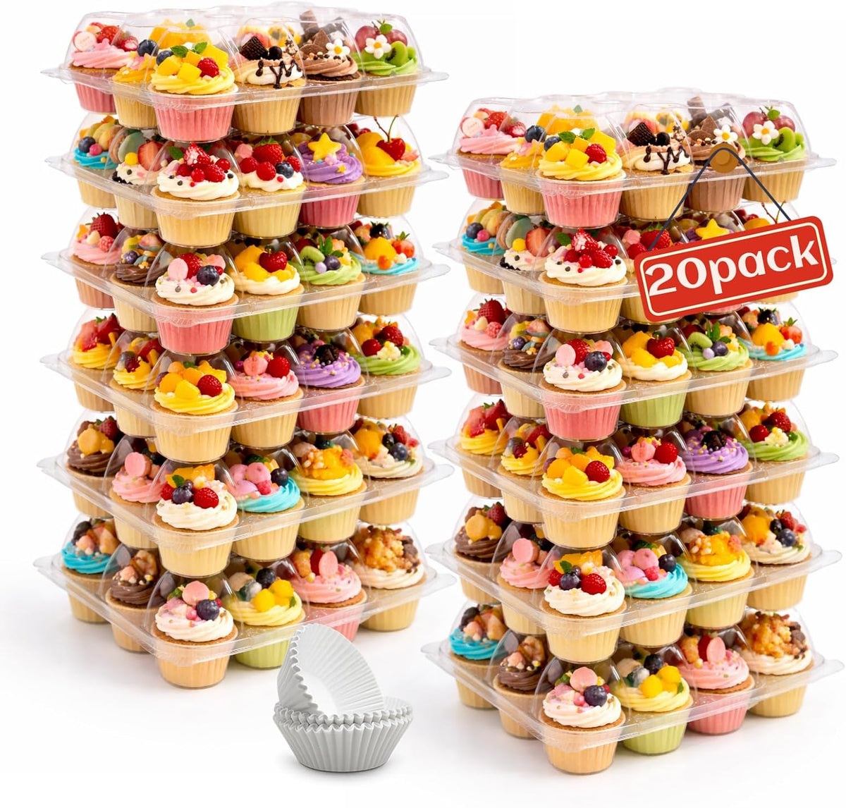 WIKDAY Plastic Cupcake Containers with Liners, 12 Count x 20 Sets