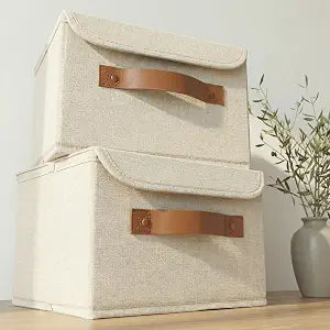 Decorative Linen Storage Boxes with Lids - Spacious Set of 2 Organizer Bins