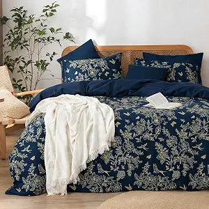 Floral Duvet Cover Queen Navy Blue Gold 3 Pieces Elegant Botanical Flower Printed Bedding Set, Modern Aesthetic Duvet Cover Set for All Season, 2 Pillowcases
