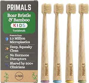 PRIMALS Kids Boar Bristle & Bamboo Toothbrush (4-Pack) - Healthy Boar Bristles - Zero Microplastics - Fully Biodegradable - Quick Dry Design
