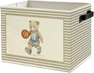 Basketball Bear Nursery Storage Bins Box with Handles, Basketball Player Bear Sports Nursery Collapsible Basket Organizer for Kids Boys Room Bedroom Playroom Bathroom Books Clothes