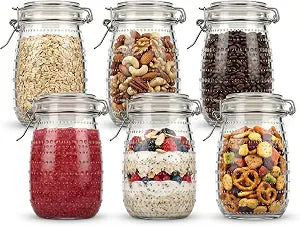 32 oz 6Pack Glass Mason Jars with Airtight Clip-Top Lids, Wide Mouth Reusable Glass Canning Storage Containers Jars for Kitchen, Jams, Pickling, Coffee Beans & Meal Prep (32 oz)