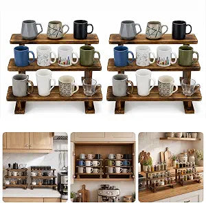 2 Pack 3 Tier Coffee Mug Display Shelf, Wooden Mug Organizer
