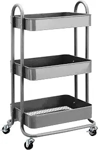 Amazon Basics 3-Tier Rolling Utility or Kitchen Cart, Lockable Wheels, Multifunctional Storage, Mobile Shelving Unit, Metal Storage Organizer, Charcoal