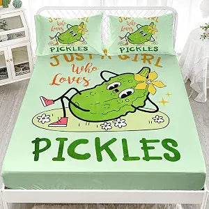AILONEN Girls Fitted Sheet Set Twin Size, Cute Pickle Bed Sheet Set,Just A Girls Who Loves Pickles Pattern Sheets,3Pcs Cartoon Vegetable Cucumber Theme Bedsheet, 1 Fitted Sheet and 2 Pillowcases