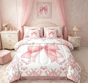 jejeloiu Pretty Ribbon Pink 7 Piece Bedding Set Full Size for Kids Women