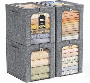GoMaihe Clothes Storage Bins with Metal Frame for Closet, 40L 4-Pack Grey