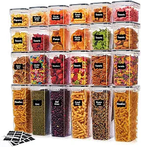 24 PCS Airtight Food Storage Containers with Lids, Plastic Kitchen and Organization Canisters for Cereal, Dry Food, Flour and Sugar, BPA-Free, PVC-Free, Includes 24 Black Labels & Marker
