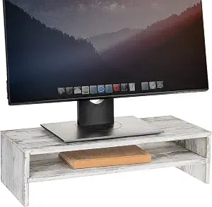 MyGift Whitewashed Wood Monitor Stand, 2 Tier Computer Desk Riser Shelf