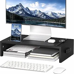1home Monitor Stand Riser, 16.7 Inch Wood Monitor Riser Stand with Storage Organizer, Desktop Ergonomic Monitor Stand Riser with Cellphone Holder and Cable Management, Black