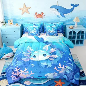 Erosebridal Axolotl Bedding Set 7 Pieces Bed in A Bag Twin Size,Cute Animal Salamander Comforter for Kids Boys Girls Teens Blue Ocean Sealife Sheet Set Kawaii Sea Creature Flat Sheet