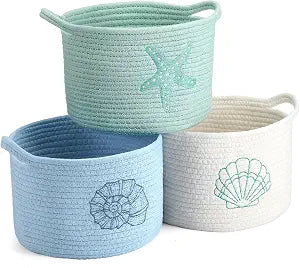Vesici 3 Pcs Coastal Seashell Starfish Woven Baskets Small Blue White Green