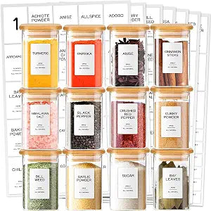 12 Pcs Glass Spice Jars with Bamboo Airtight Lids & 201 Labels - 8oz Square Small Empty Food Storage Containers for Kitchen, Seasonings, Herbs, Salt