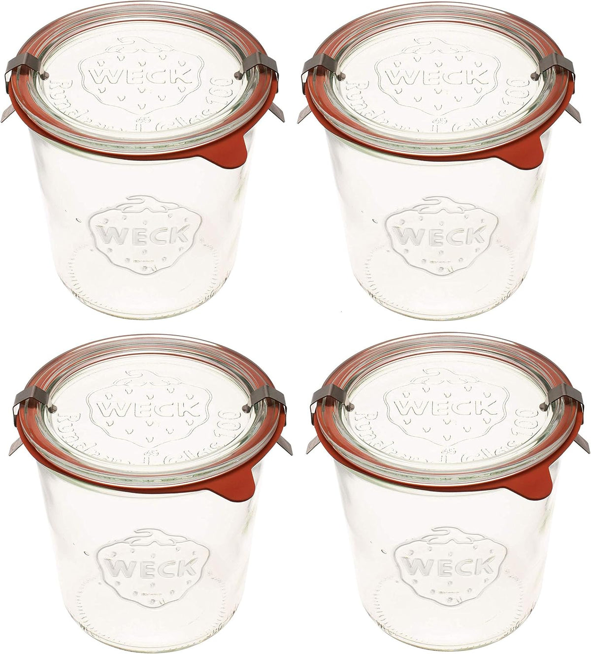 Weck Einmachglaeser 742-19 6 fl. oz Weck Formglaeser aus transparentem Glas - Umweltfreundliches Einmachglas - Frischhaltedosen mit Deckel luftdicht - 1/2 Liter Glaeser Set - 4 Stueck Glaeser mit Deckel