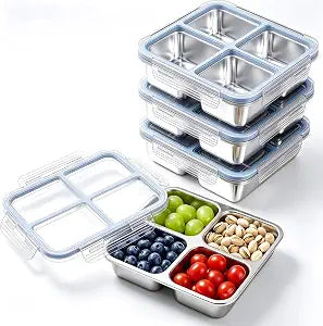 Stainless Steel Snack Containers with Lids, Snack Box Set of 4, 4-Compartment Divided Bento Box, Reusable Metal Food Storage Containers for Meal Prep, Office Gym Travel