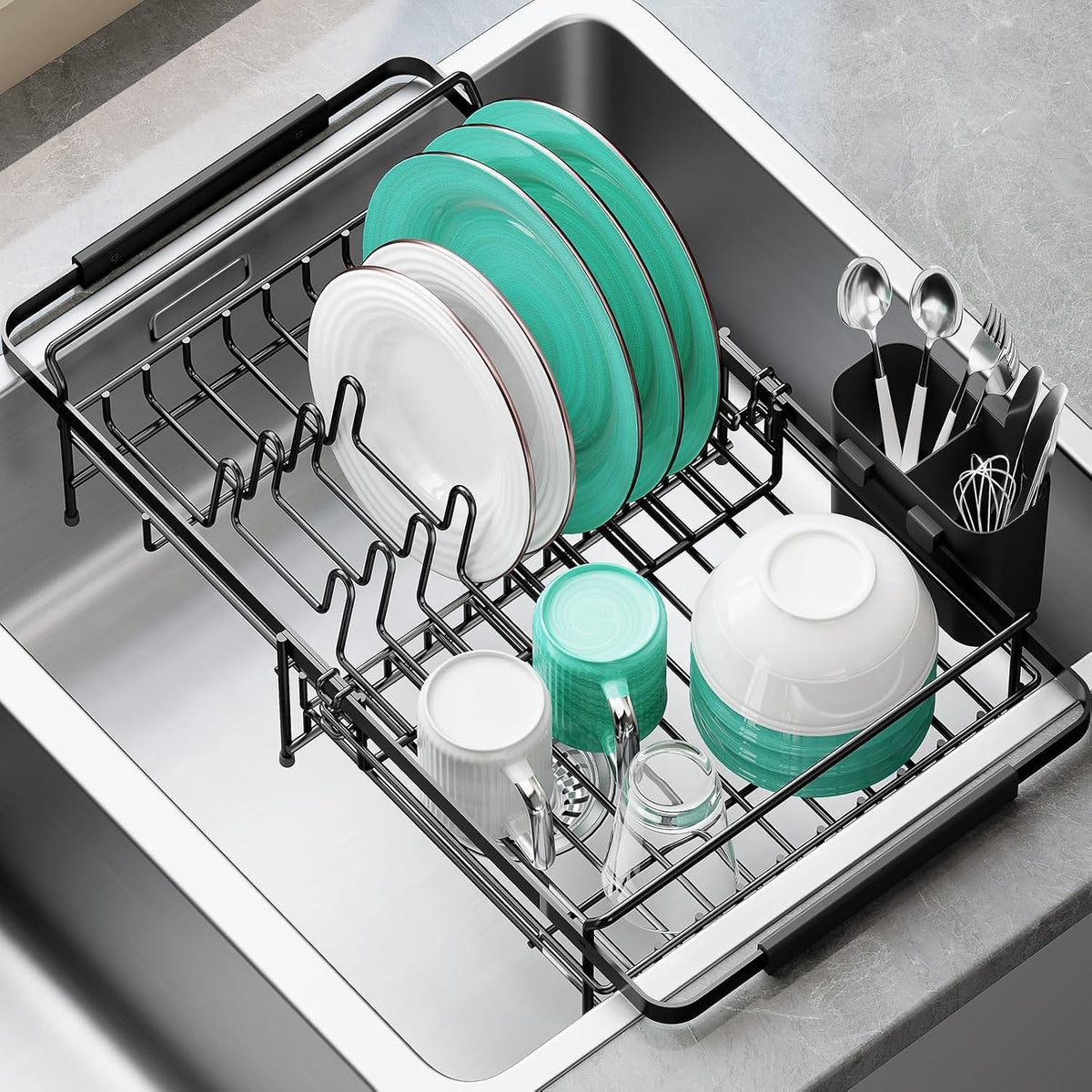 Urackify Expandable in-Sink or Over-Sink Dish Drying Rack, 14.5"-18", Black