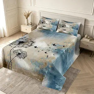 Castle Fairy Geometric Abstract Bedspread Queen Size Vintage Brown Navy Blue Grey Bedding Set 3pcs Dandelion Butterfly Comforter Set Teens Men Adult Room Decor Graffiti Art Quilt Set,2 Pillowcases